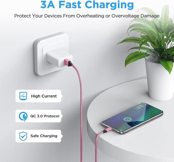 etguuds USB A to USB C Cable 6ft, 2-Pack, 3A Fast Charging Type C Charger Cord for iPhone 17 16 15 Pro Max 16e 17 Air, Samsung Galaxy S25 S24 S23 S22 S21 S20 A17 A16 A56 A55 Flip Fold, Pink