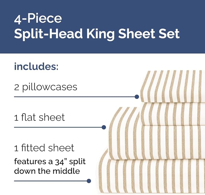 Split Head King Sheet Set – 4 Piece Flex Split Top King Sheets for Adjustable Beds - Fits 14” to 16" Mattress w/ Deep Pockets - Breathable & Cooling - Luxury Bedding and Wrinkle Free - Beige Stripes 2