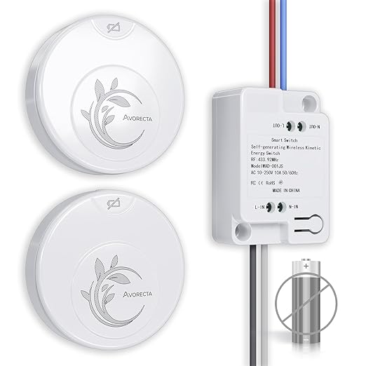 Avorecta Wireless Light Switch and Receiver Kit (2 Switches), Self-Powered Remote Light Switch for Two Locations, No Wiring, No Battery, No WiFi Needed