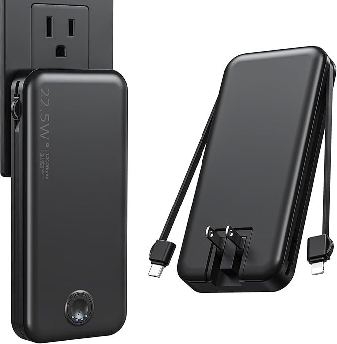 Nusyddy 22.5W Super Fast Charging Portable Charger with Wall Plug,12000mAh USB-C Power Bank Built-in 2 Cable, Lightweight Phone Charger Travel Battery Pack for All iPhone, Samsung, Tablets