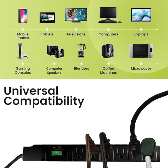 GoGreen Power Inc. (G-16315-15BK-2) 6 Outlet Surge Protector, 15FT Cord, Black, 2 Pack