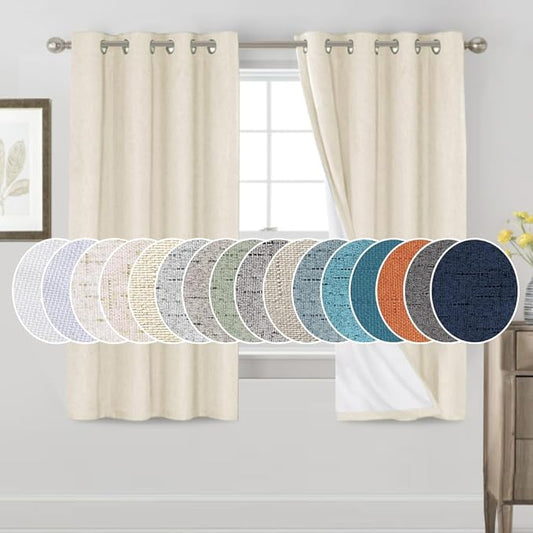 PrinceDeco Blackout Curtains 100% Blackout Linen Textured Curtains for Bedroom Solid Thermal Insulated with White Liner Grommet Room Darkening Curtains & Drapes, Set of 2, 52" W x 63", Bleached Sand