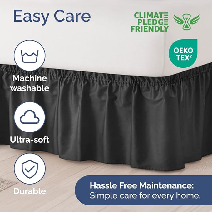 Wrap Around Dust Ruffle Bed Skirt - Black - for Full Size Beds with 21 Inch Drop - Easy Fit Elastic Strap - Adjustable Pleated Bedskirt w/Brushed Fabric - Wrinkle Free - for Women, Men, Kids & Teens