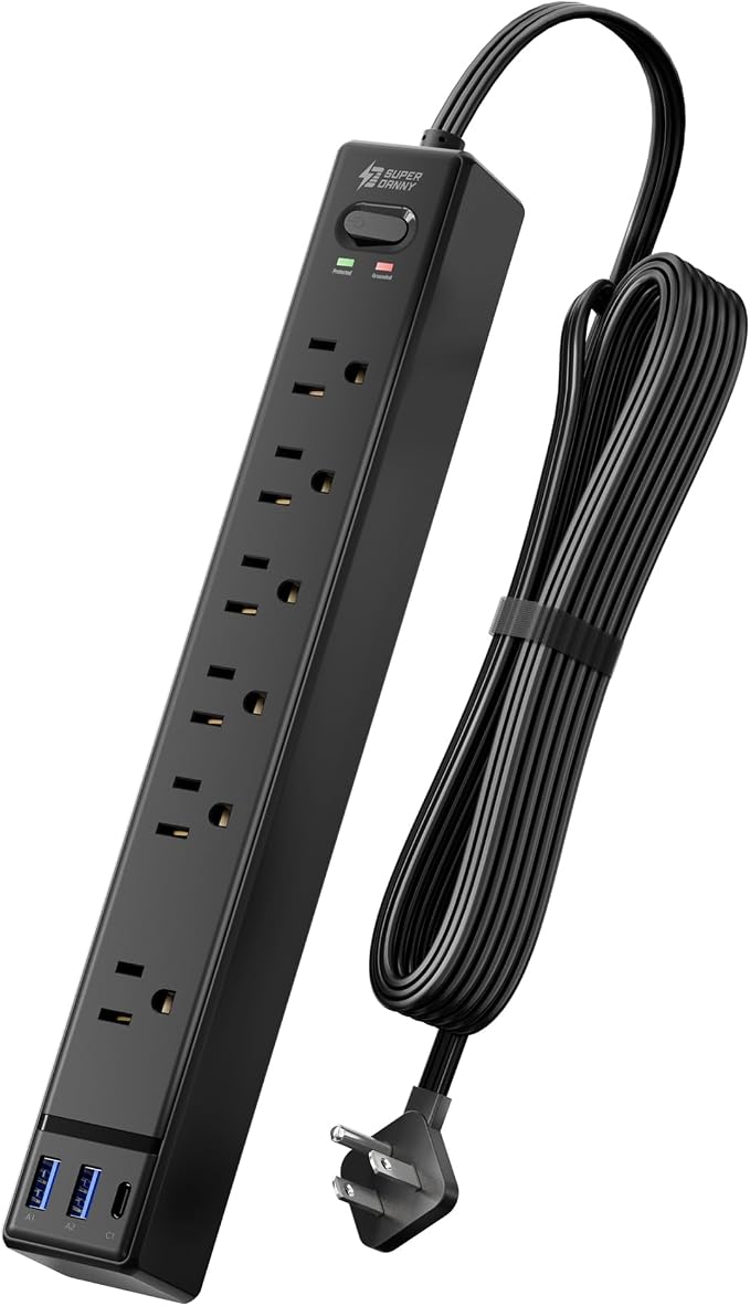 SUPERDANNY 6Ft Thin Extension Cord, Flat Plug Surge Protector Power Strip | by SUPERDANNY