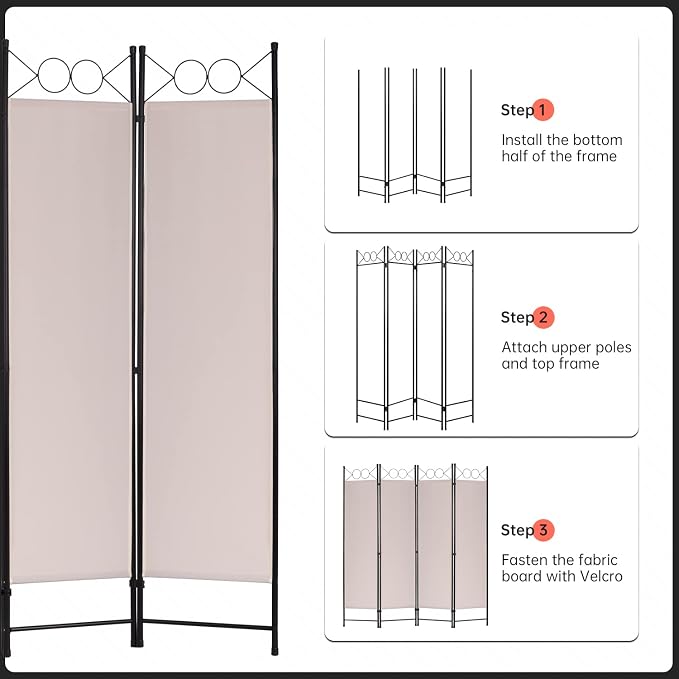 4 Panel Room Divider 6FT Steel Frame Screen Folding Privacy Divider - Image 3