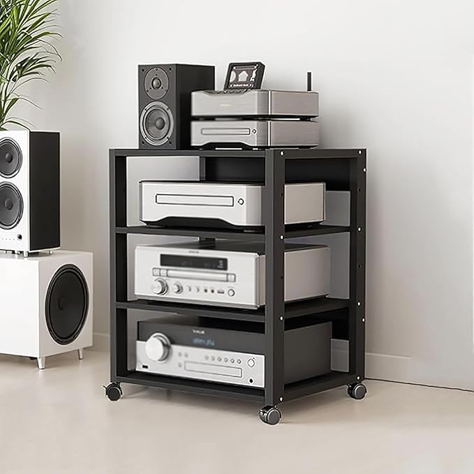 Dernoing 4 Tier Audio Rack Tower, CD Record Player Stereo Receiver AV Equipment Cabinet Display Rack, Weight Capacity 661 lbs, with Adjustable Wooden Shelves for Home (4 Tier Black)