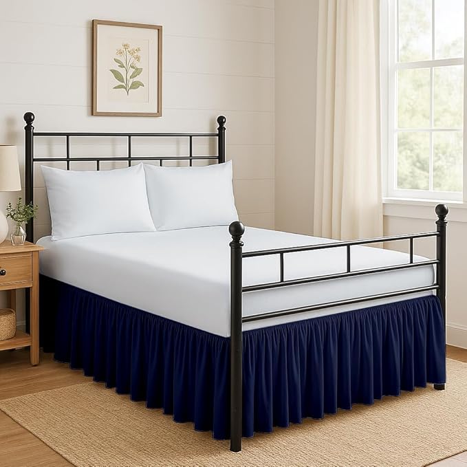 Ruffled Bed Skirt Split Corners with Platform, Tailored Fit Hotel Quality Wrinkle Free Ultra-Soft Microfiber Dust Ruffle, Upto 10 Inch Drop, Full XL, Navy Blue
