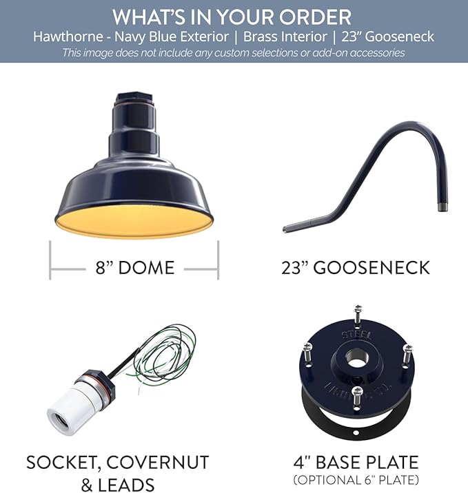 Steel Lighting Co. Hawthorne Barn Light | Outdoor Wall Mounted | 8 inch Dome | 23" Gooseneck | Small Farmhouse Light Made in America | Navy Blue Exterior/Brass Interior