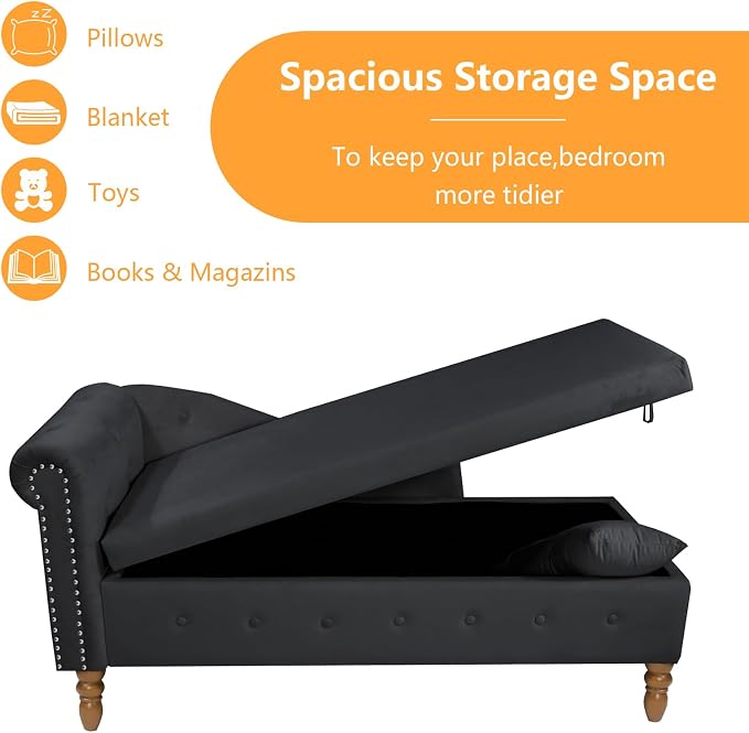Aoowow Velvet Bedroom Storage Bench End of Bed, Rolled Arm Couch Indoor Chaise - Image 4