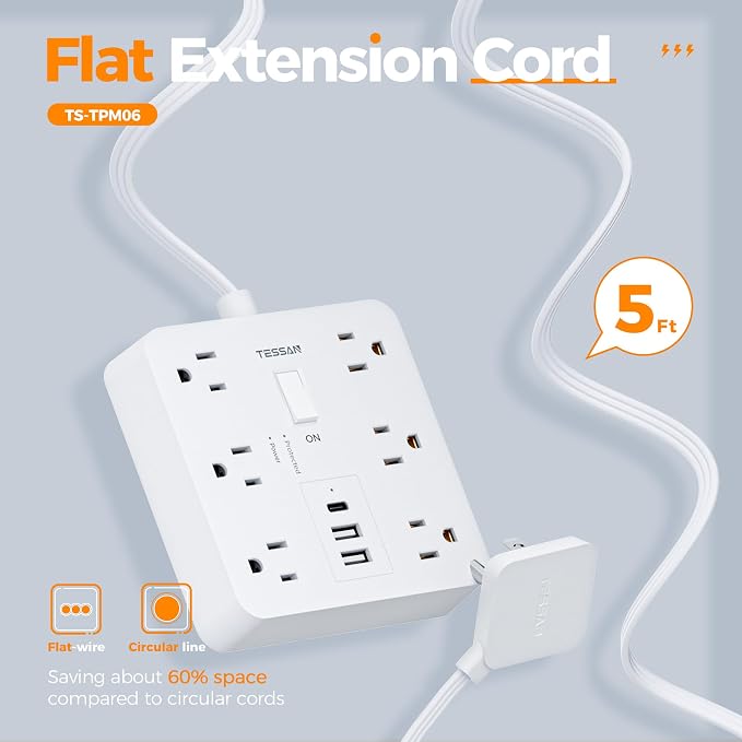 TESSAN 5Ft White Extension Cord - Image 6