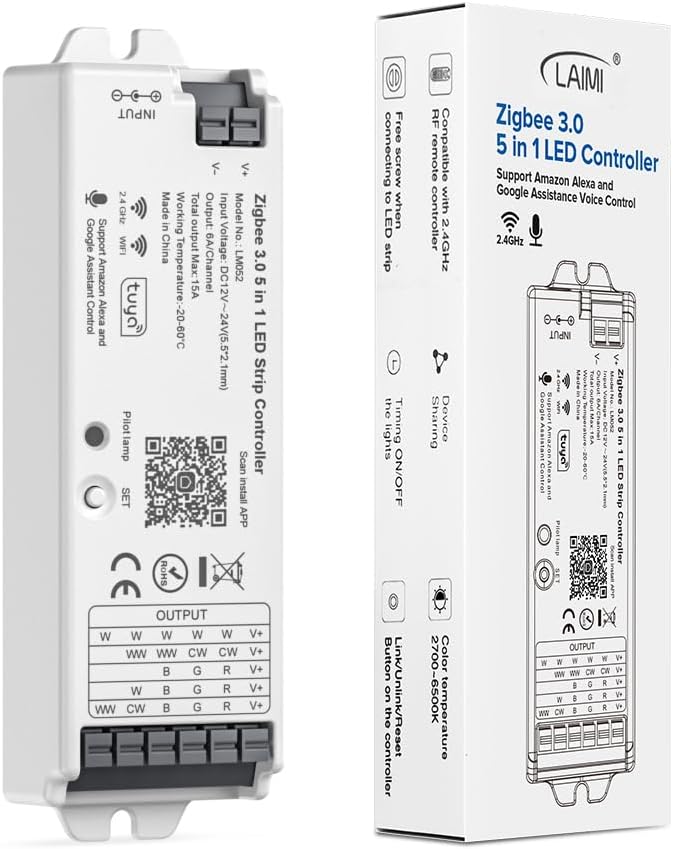 FCOB 5in1 LM052 Tuya Zigbee3.0 LED Controller Support Monochrome CCT RGB RGBW RGBCCT PWM LED Strip Compatible with Echo Plus Echo(4th Gen) Philip H-UE Home-kit Gateway Work with WR01RF WR02RF etc