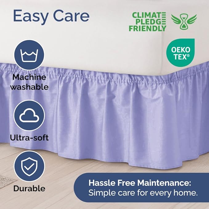 Wrap Around Dust Ruffle Bed Skirt - Lavender - for Queen Size Beds with 15 Inch Drop - Elastic Strap - Adjustable Pleated Bedskirt with Brushed Fabric and Wrinkle Free - for Women, Men, Kids & Teens