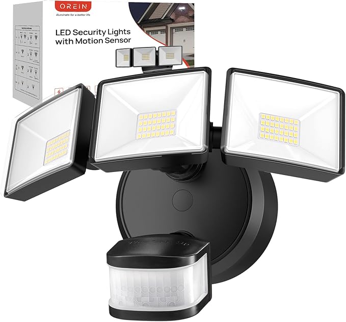 OREiN Motion Sensor Outdoor Flood Light 42W 6500LM, Super Bright LED Security Light, Dusk to Dawn/Auto/Manual Modes, IP65 Waterproof Hardwired Floodlight for Yard, Garage, Porch, Driveway