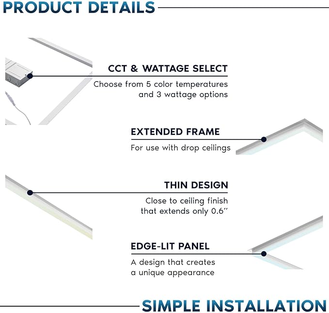 LUXRITE 2x2 FT Edge-Lit Frame LED Panel Lights, 5CCT Selectable 3000K-6500K, 2600/3900/5200LM, 20W/30W/40W Switch, Grid Drop Ceiling Lights, 0-10V Dimmable, Damp Rated, 100-277V, ETL Listed (4 Pack)