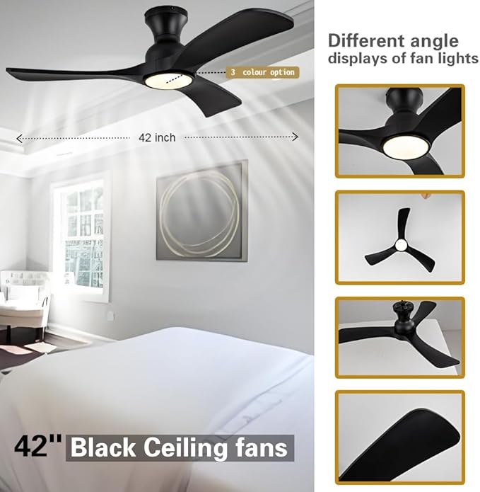 Ceiling Fans with Lights, 42 Inch Low Profile Ceiling Fan with Light, Flush Mount Celing Fan, 3CCT 3 Blades Wood Fans,Walnut Fan for Kid's Rooms Bedroom Study Garage (Black Ceiling Fan)
