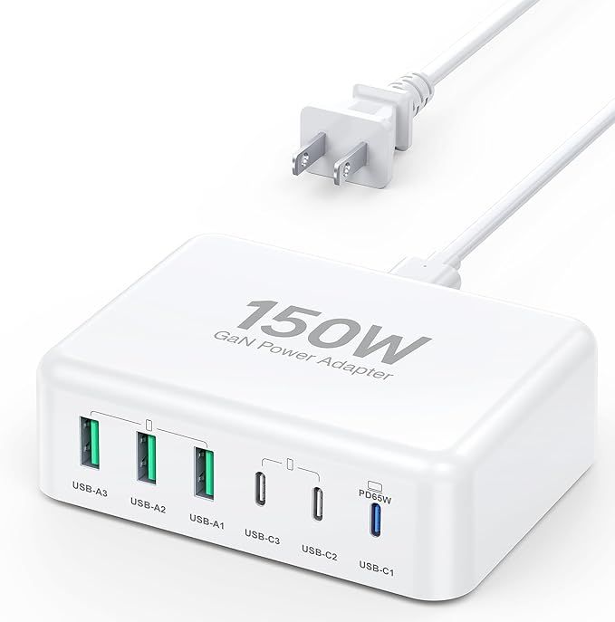 USB C Fast Charger Block, 150W 6 Port Desktop PD GaN Fast Charger Charging Station Block 65W USB C Laptop Power Adapter for MacBook Pro/Air iPad iPhone 17 16 15 14 13 Pro Max Galaxy S23 Note 20 Pixel