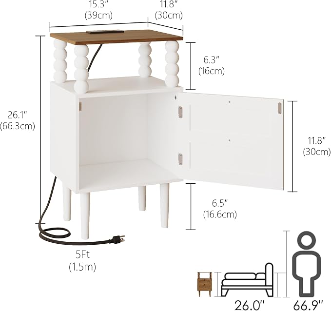 Veegle White Nightstand with Charge Station, Modern Bedside Table with Storage - Image 2