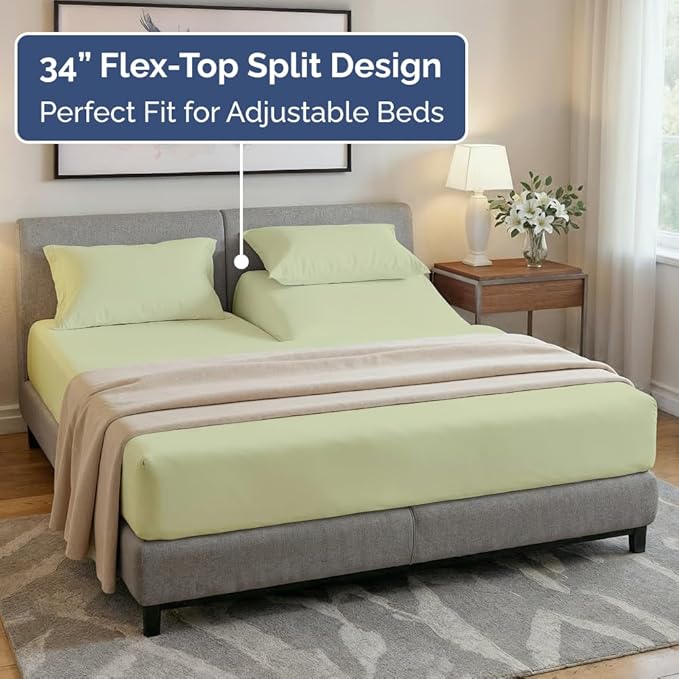 Split Head King Sheet Set – 4 Piece Flex Split Top King Sheets for Adjustable Beds - Fits 14” to 16" Mattress w/ Deep Pockets - Breathable & Cooling - Luxury Bedding & Wrinkle Free - Light Sage Green