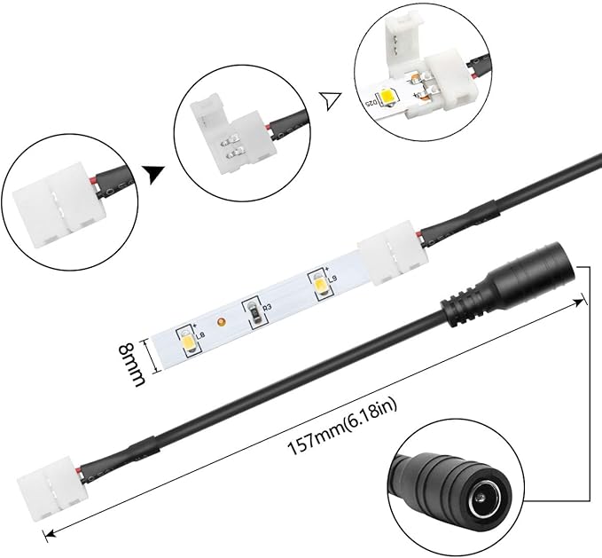 LightingWill 10pcs/Pack DC Female Plug Solderless Snap Down 2Pin Conductor LED Connector for Quick Splitter Connection of 8mm Wide 3528 2835 Single Color Flex LED Strips