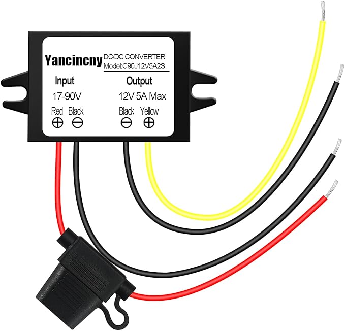 Yancincny DC 24V 36V 48V 60V 72V 84V 90V Step Down to 12V 5A 60W Converter Regulator Reducer Power Supply Module Buck Transformer, Waterproof DC 48V to 12V Converter with Fuse for Golf Cart