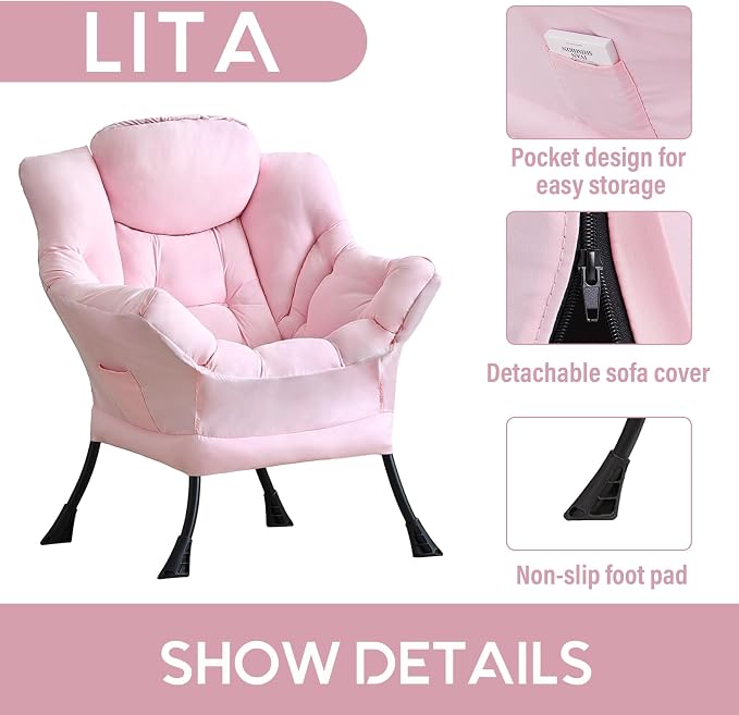 Lazy Chair with Ottoman, Comfy Accent Reading Chair, Removable Cover, with - Image 4