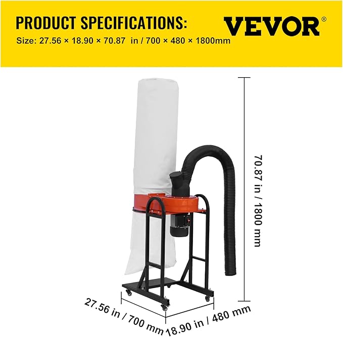VEVOR 1.5 HP Dust Collector, 716 CFM, Portable Vortex Dust Collector, with 47 Gallon Collection Bag and Mobile Base, 120V, 3400 RPM, 5μm Canister Filter Kit, for Woodworking Dust Collection System