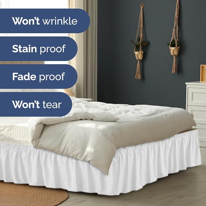 Wrap Around Dust Ruffle Bed Skirt - White - for Queen Size Beds w/ 14 Inch Drop - Easy Fit Elastic Strap - Adjustable Pleated Bedskirt w/Brushed Fabric, Wrinkle & Fade Free Women, Men, Kids & Teens