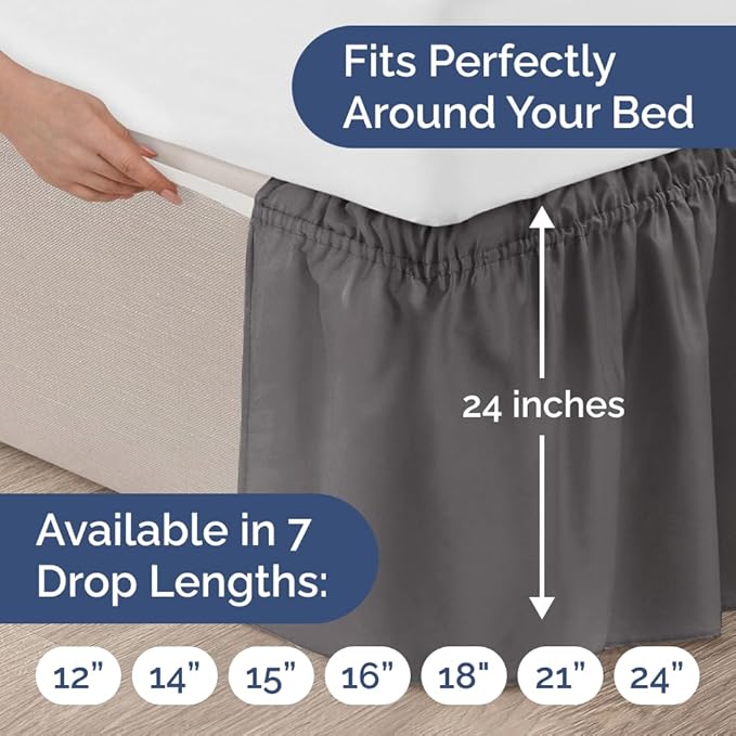 Wrap Around Dust Ruffle Bed Skirt - Dark Grey - Twin/Twin XL Size Beds with 24 Inch Drop - Elastic Strap - Adjustable Pleated Bedskirt with Brushed Fabric and Wrinkle Free - Women, Men, Kids & Teens
