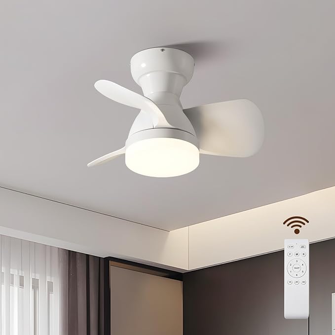 Myleoron 20 Inch Ceiling Fan with Light, 3 ABS Blades, White Small Ceiling Fan with Remote Control, Suitable for Living Room, Dining Room, Bedroom