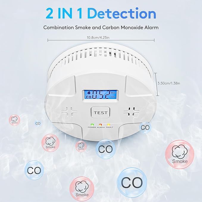 5 Packs,Smoke Detector Carbon Monoxide Detector Combo,2-in-1 Detection,85 dB Alarm,LED Indication,LCD Digital Displays,Battery Operated,(Includes 3 x 1.5V AA Batteries),Easy to Install,Portable Use