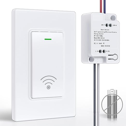 Avorecta Wireless Light Switch and Receiver Kit(1v1), Self-Powered (No Battery Required) Remote Control Lighting Switch, No WiFi Needed, for Indoor Outdoor Light Fixtures