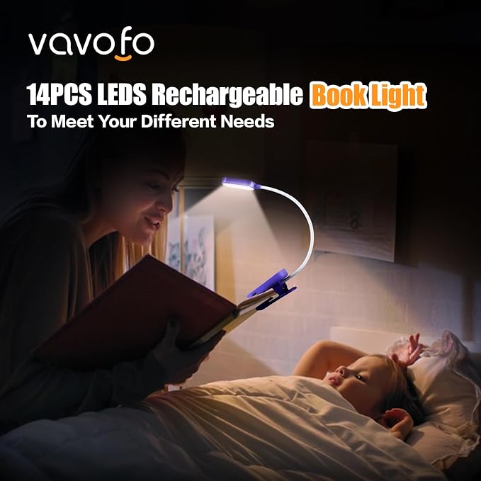 VAVOFO Rechargeable Book Light, 14 LEDs Eye Care Clip On Amber Reading Light - Image 2