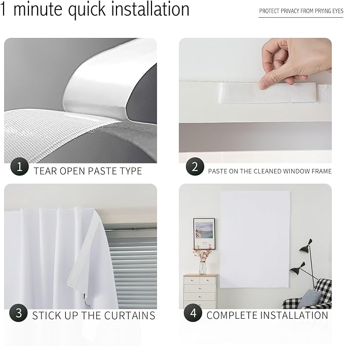 Thermal Blackout Curtains with Self-Adhesive Tape, No Rod No Drill Easy Install - Image 4
