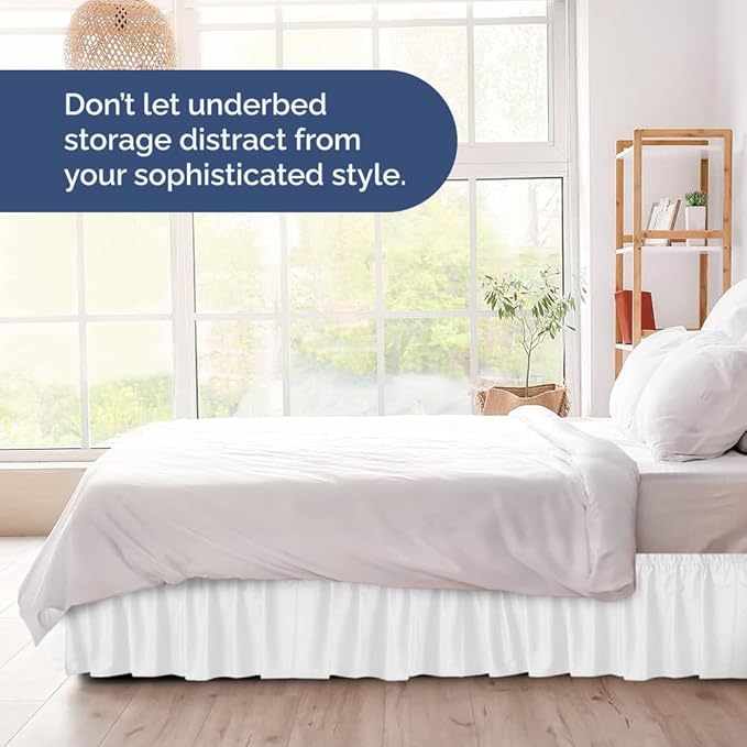 Wrap Around Dust Ruffle Bed Skirt - White - for Full Size Beds w/ 14 Inch Drop - Easy Fit Elastic Strap - Adjustable Pleated Bedskirt w/Brushed Fabric, Wrinkle & Fade Free Women, Men, Kids & Teens