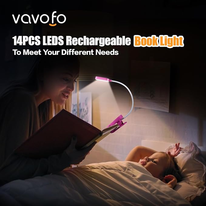 VAVOFO Rechargeable Book Light, 14 LEDs Eye Care Clip On Amber Reading Light - Image 2