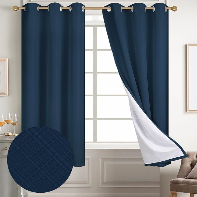 Diraysid 100% Blackout Curtains Navy Blue Linen Curtains - Image 2