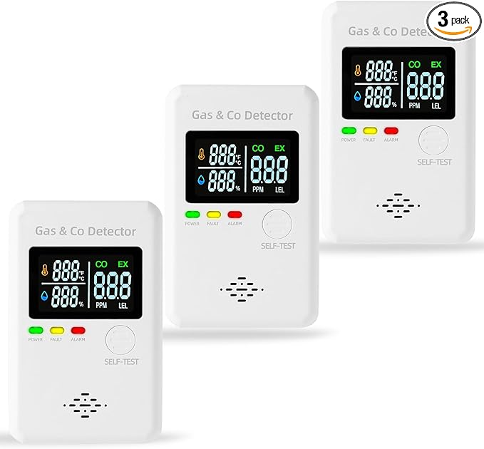 3 Packs Natural Gas & Carbon Monoxide Alarm,Combination Gas & Carbon Monoxide Detector,4-in-1 Real-time Display & Monitor,Plug in Propane Detector & CO Alarm for Home,RV,Apartment