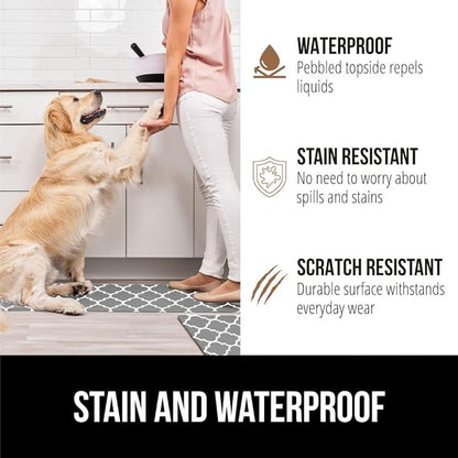 GORILLA GRIP 2 Pack Comfortable Cushioned Kitchen Mats for Floor, 17x24 + 17x48, Waterproof and Stain Resistant, 1/2 Inch Thick Ergonomic Standing Desk Anti Fatigue Mat, Foam Supports Feet, Grey White