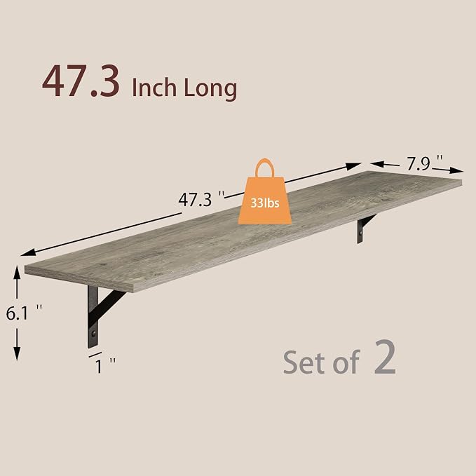 Long Wall Shelves, 47.3Inch Wooden Floating Shelves - Image 3