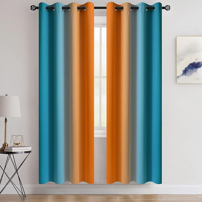 COSVIYA Grommet Ombre Blackout Orange and Blue Curtains, W52 x L72 inch | Room - Image 2