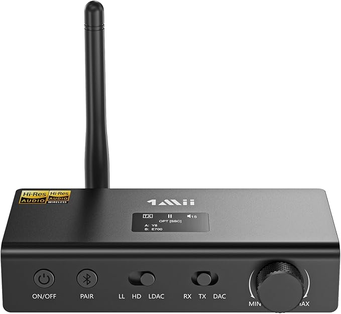 1Mii DS700 HiFi Bluetooth Audio Transmitter Receiver for TV, Long Range Wireless Adapter with Audiophile DAC, LDAC/aptX HD/aptX LL, OLED Display, Optical & Coaxial Input/Output, RCA Output Only