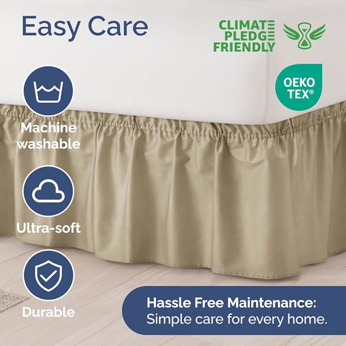 Wrap Around Dust Ruffle Bed Skirt - Beige - Twin/Twin XL Size Beds with 24 Inch Drop - Easy Fit Elastic Strap - Adjustable Pleated Bedskirt w/Brushed Fabric - Wrinkle Free - Women, Men, Kids & Teens