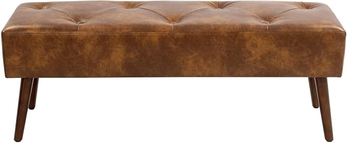 44 Inch Tufted Leather Bench, Leather Footrest Stool Bedroom Bench Seat by FurnilivingFurnitureforHome
