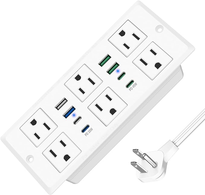 Recessed Power Strip with 45W USB C, Furniture Desk Flush Mount Outlet, Ultra Thin Flat Plug Power Strip, 6 Outlets & 8 USB Ports, 10FT Cord (White)