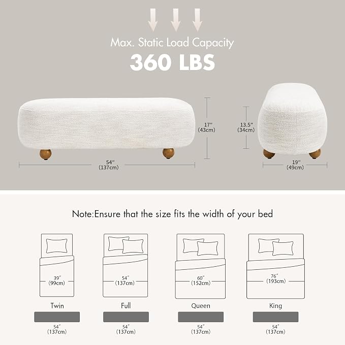 Hyfirm 54" End of Bed Bench, Upholstered Bedroom Ottoman Bench - Image 2