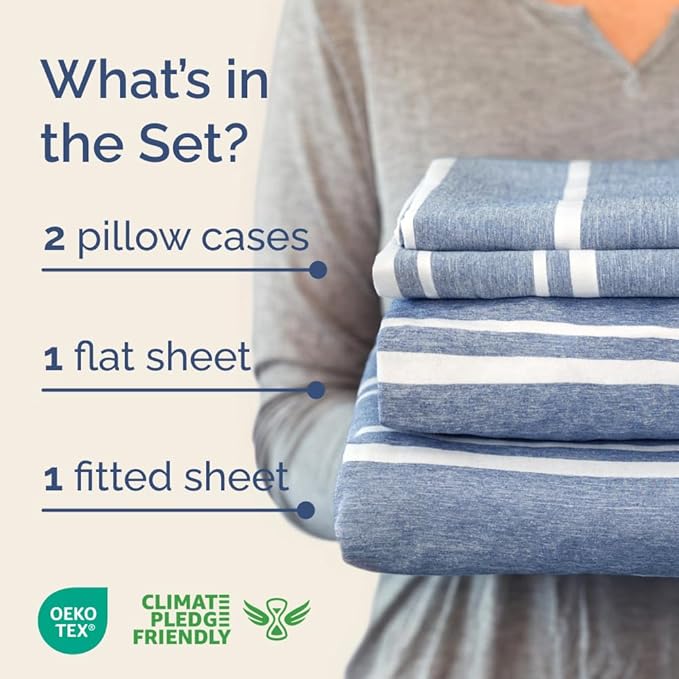 Full XL Bed Sheet Set - 4 Piece Extra Long Extended Full XL Sheets - Soft, Breathable & Cooling - Fits 8" to 16" Mattress with Deep Pockets - 54" x 80" - Wrinkle and Fade Resistant - Blue Stripes 3