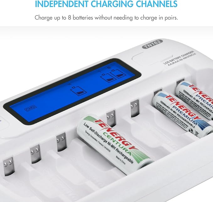 Tenergy TN162 8-Bay Smart LCD Battery Charger for Rechargeable AA/AAA NiMH/NiCd Batteries