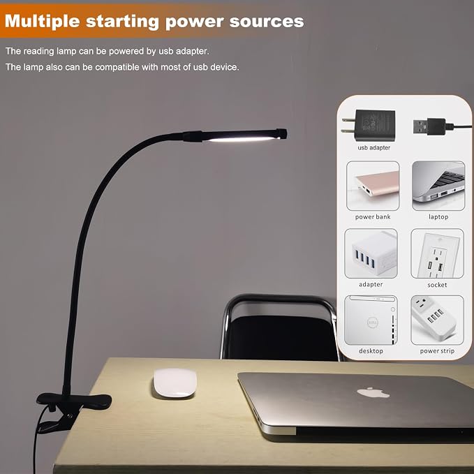24 LED Clip Light 3 Color Dimmable Clip Desk Lamp Black | Metal Gooseneck | - Image 7