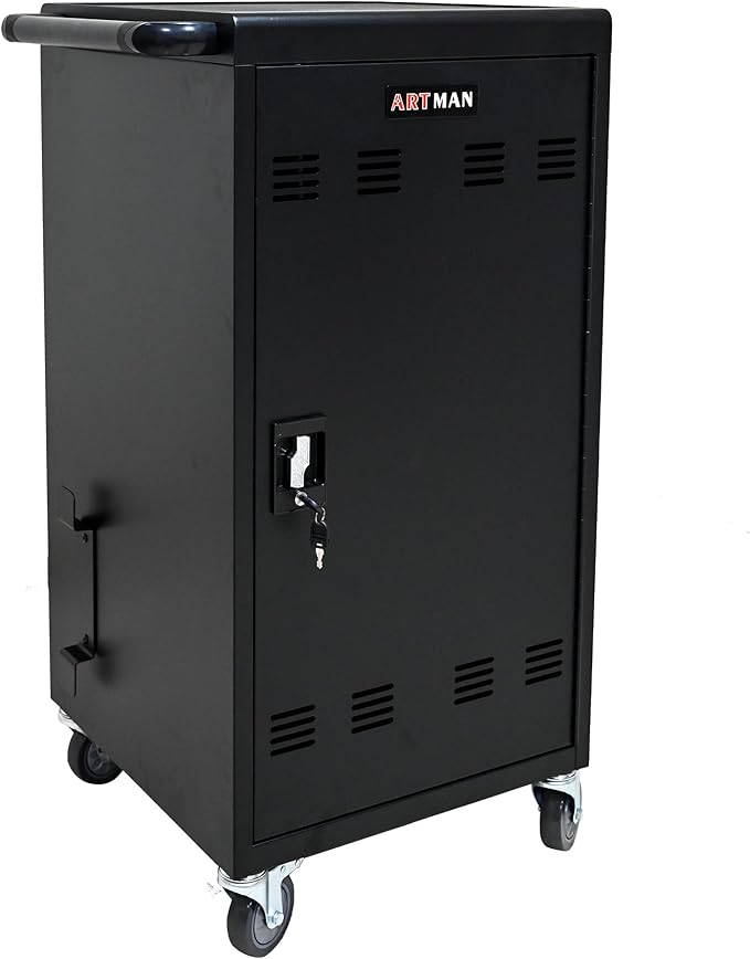 OFLILAK 45-Device Mobile Charging Cart with Charging Power Strip and Front and Rear Access Locks, Cable Management, Up to 17"", Safe Charging Cabinet for Ipads, Chromebooks, Tablets, Laptops Black