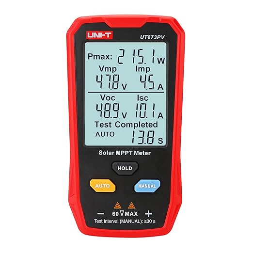 UNI-T UT673PV Solar Panel Tester, Solar MPPT Meter, 800W Photovoltaic Module Maximum Power Tester, Intelligent Manual/Auto MPPT Test, Large LCD and Multiple Result Displays